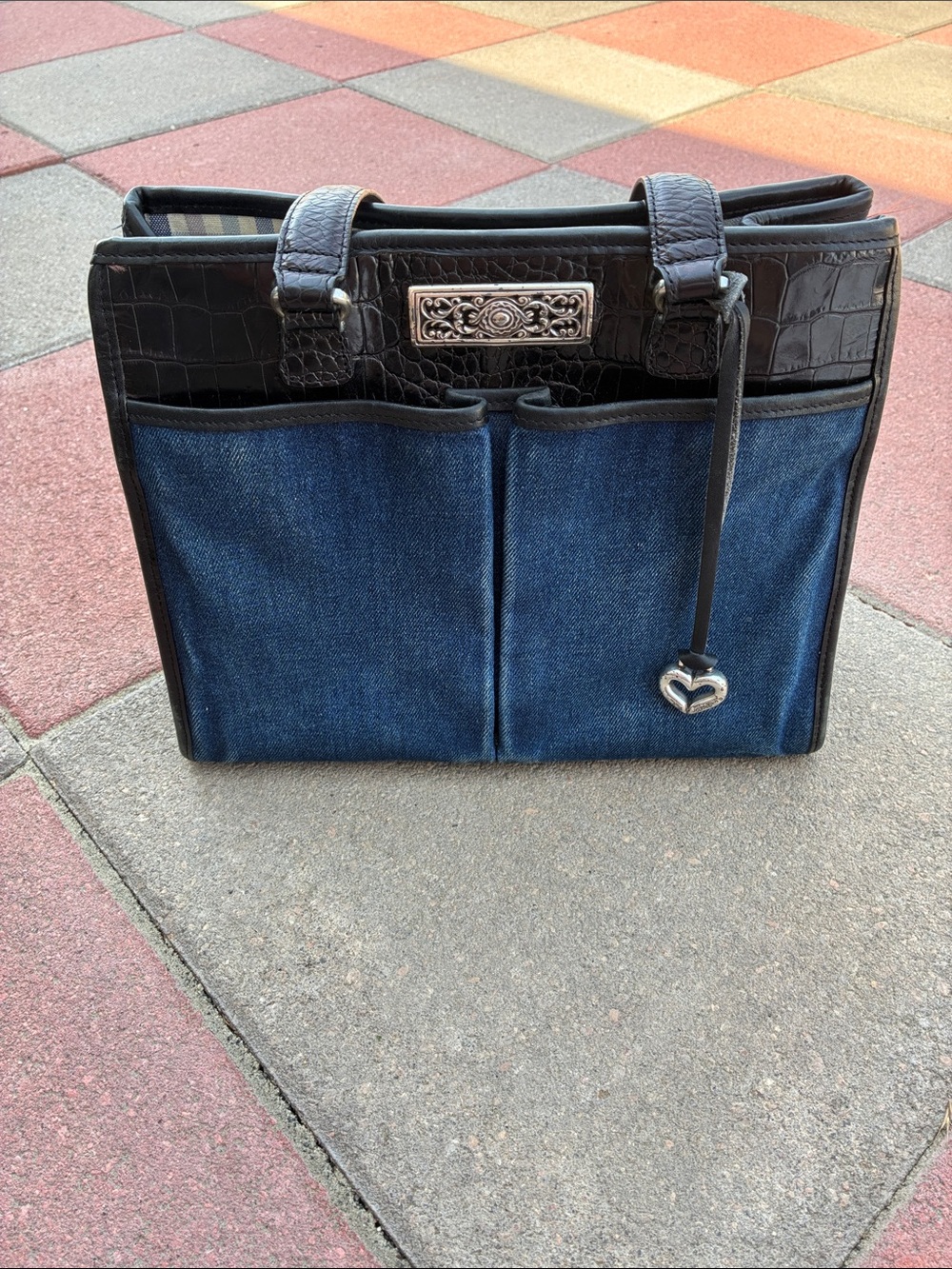 Vintage Brighton “Lindsey” Croc Embossed Leather & Denim Tote Bag